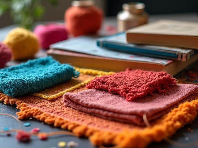 Kleurrijke textielkunst met draden, stoffen en boeken